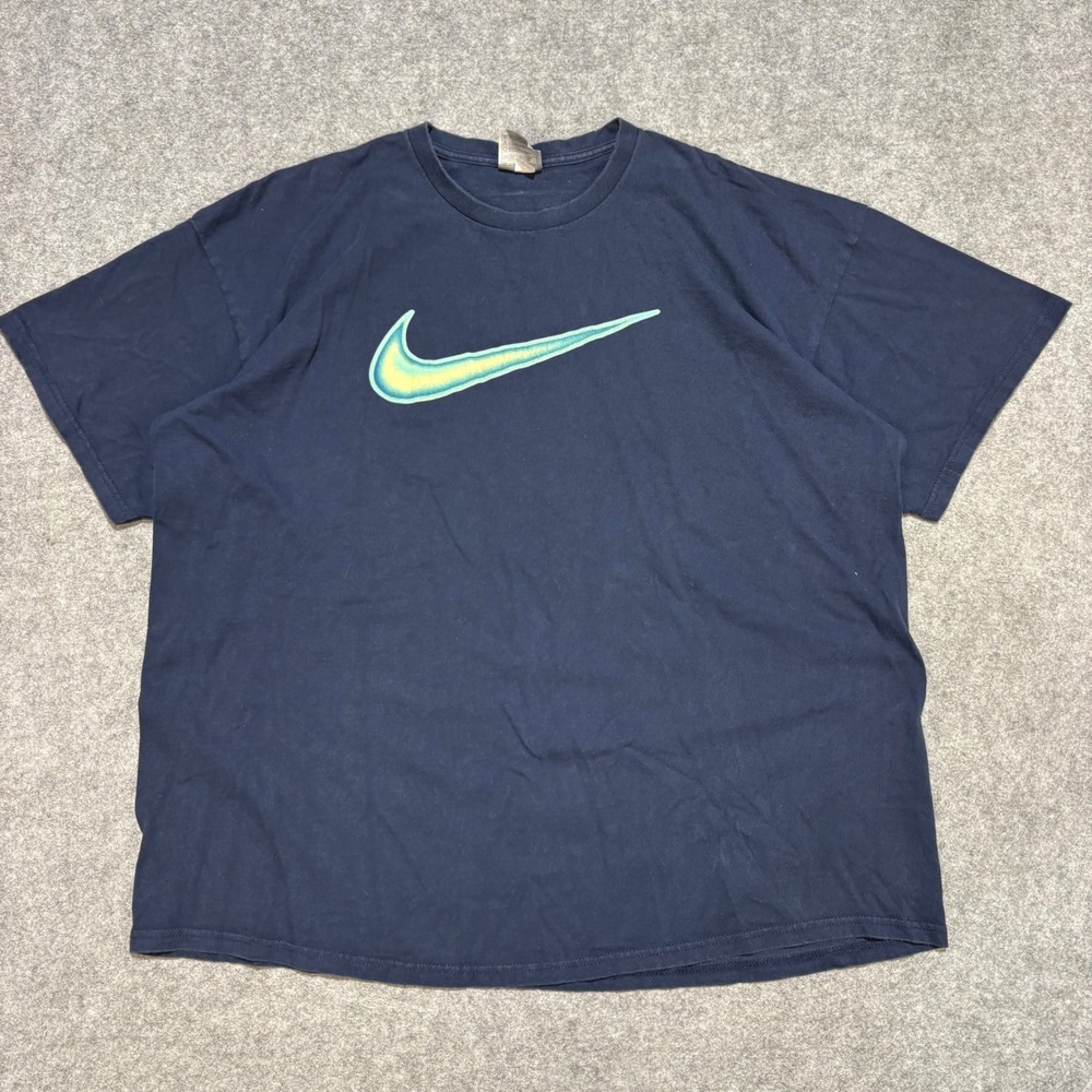 Nike Mens XXL Navy Blue Graphic T-Shirt Lime Green Swoosh Logo Short Sleeve